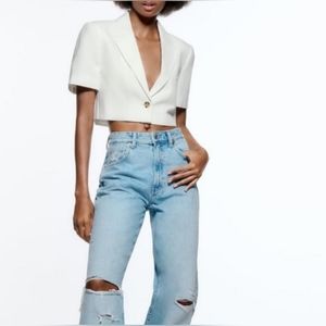 NWT ZARA LINEN BLEND CROP BLAZER IN  WHITE SIZE Medium